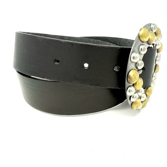 Synthetic Black Leather Belt w/ Gold & Silver Toned Dots Embellished Buckle EUC - Picture 3 of 4